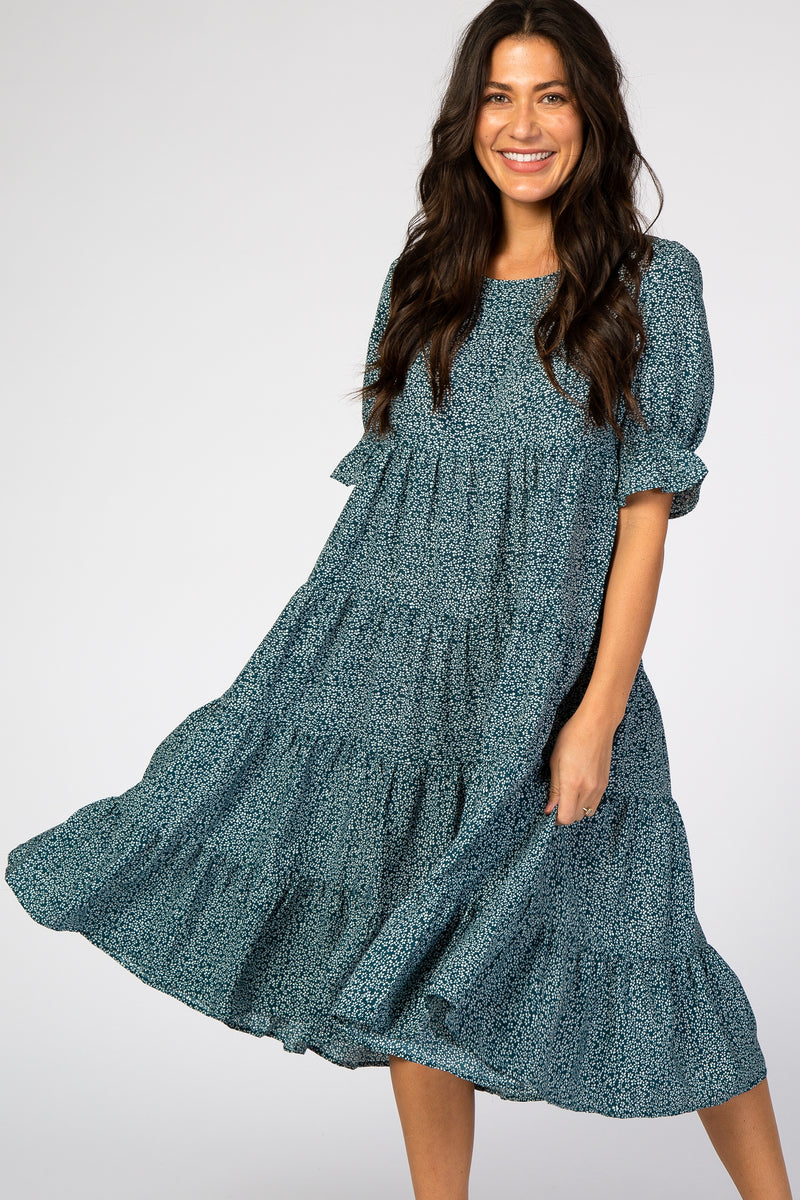 Teal Floral Tiered Midi Dress – PinkBlush