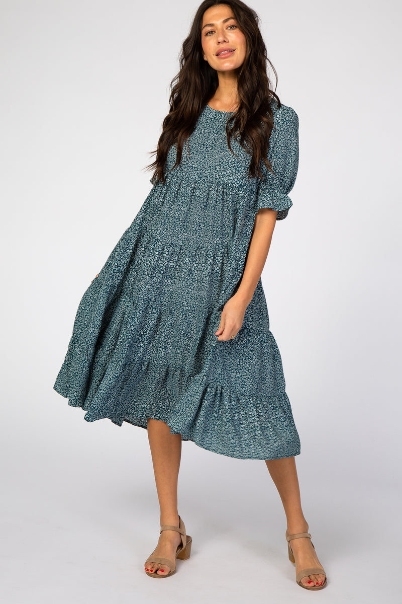Teal Floral Tiered Midi Dress – PinkBlush