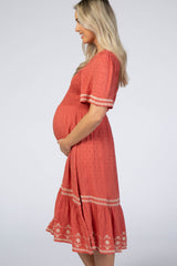Coral Embroidered Midi Maternity Dress