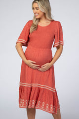 Coral Embroidered Midi Maternity Dress