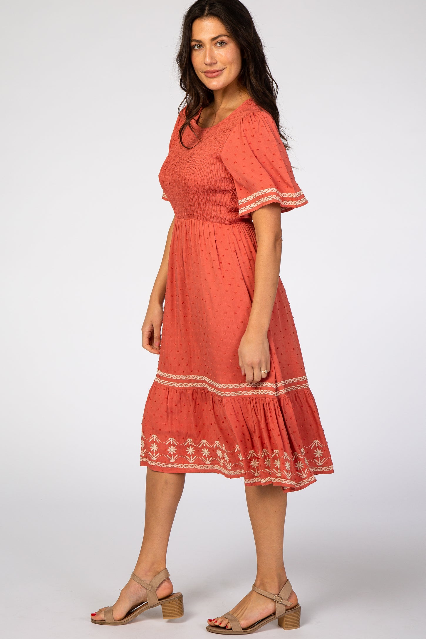 Coral Embroidered Midi Dress PinkBlush Coral Embroidered Midi Dress PinkBlush