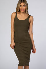 Olive Sleeveless Fitted Ribbed Maternity Dress