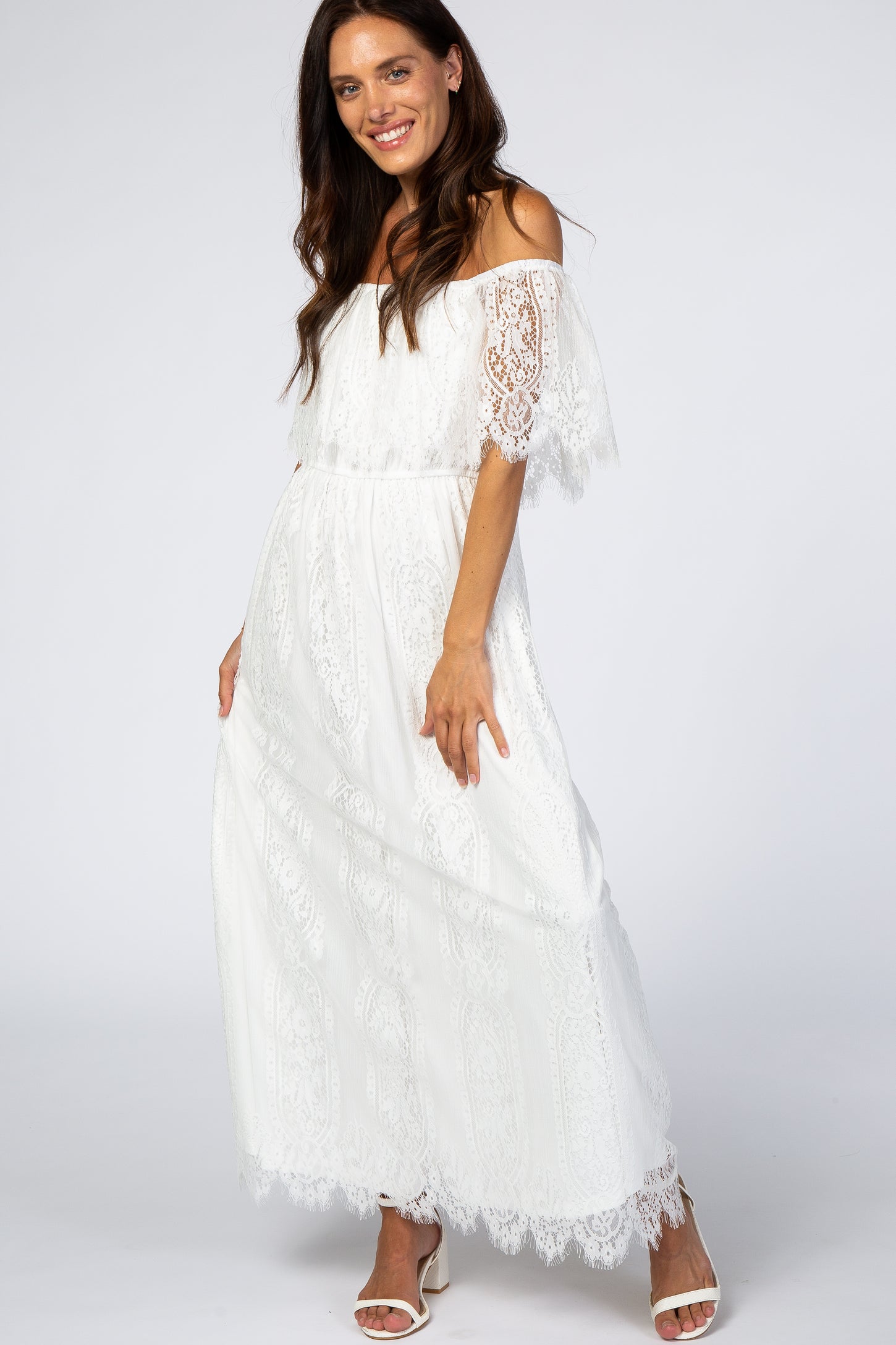 White Lace Off Shoulder Maternity Maxi Dress– PinkBlush
