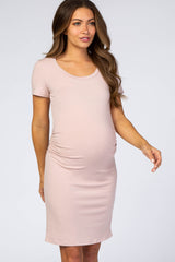 Light Pink Basic Ruched Fitted Maternity Dress