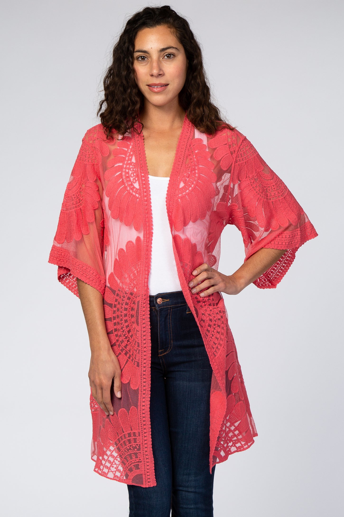 Pink Lace Mesh 3/4 Sleeve Cover Up