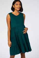 Forest Green Soft Knit Pleated Tiered Sleeveless Maternity Dress