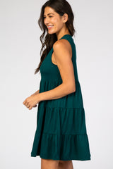 Forest Green Soft Knit Pleated Tiered Sleeveless Dress