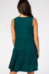 Forest Green Soft Knit Pleated Tiered Sleeveless Dress
