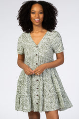 Olive Floral Ruffle Tiered Button Front Dress