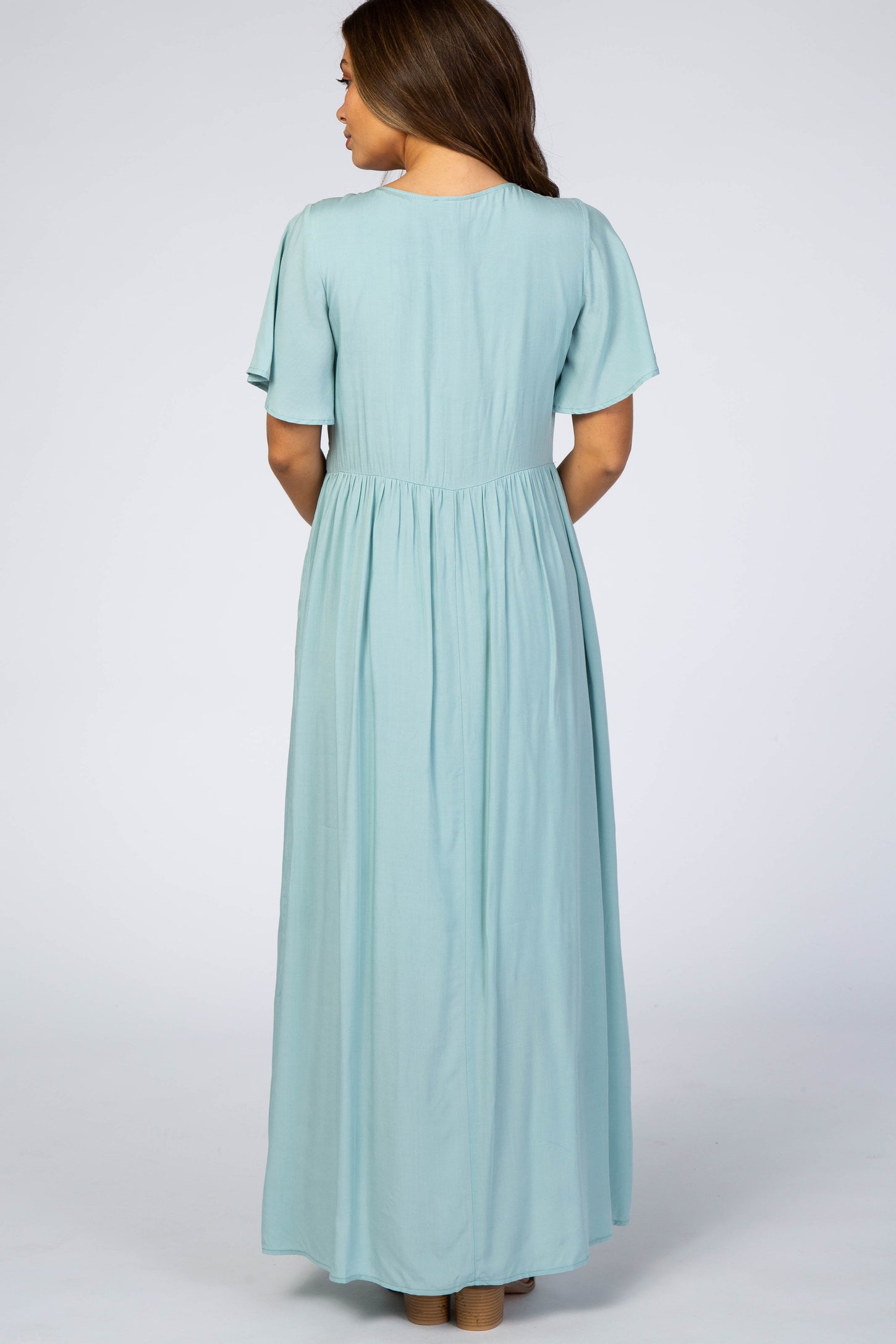 Light Blue Embroidered Short Sleeve Maternity Maxi Dress