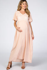 Light Pink Embroidered Short Sleeve Maternity Maxi Dress