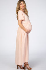 Light Pink Embroidered Short Sleeve Maternity Maxi Dress