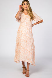 Peach Floral Button Front Smocked Maternity Midi Dress