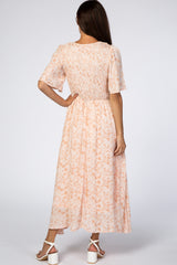 Peach Floral Button Front Smocked Midi Dress