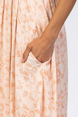 Peach Floral Button Front Smocked Midi Dress