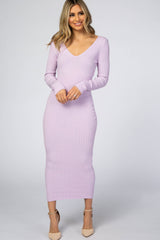 Lavender V-Neck Long Sleeve Fitted Maternity Maxi Dress