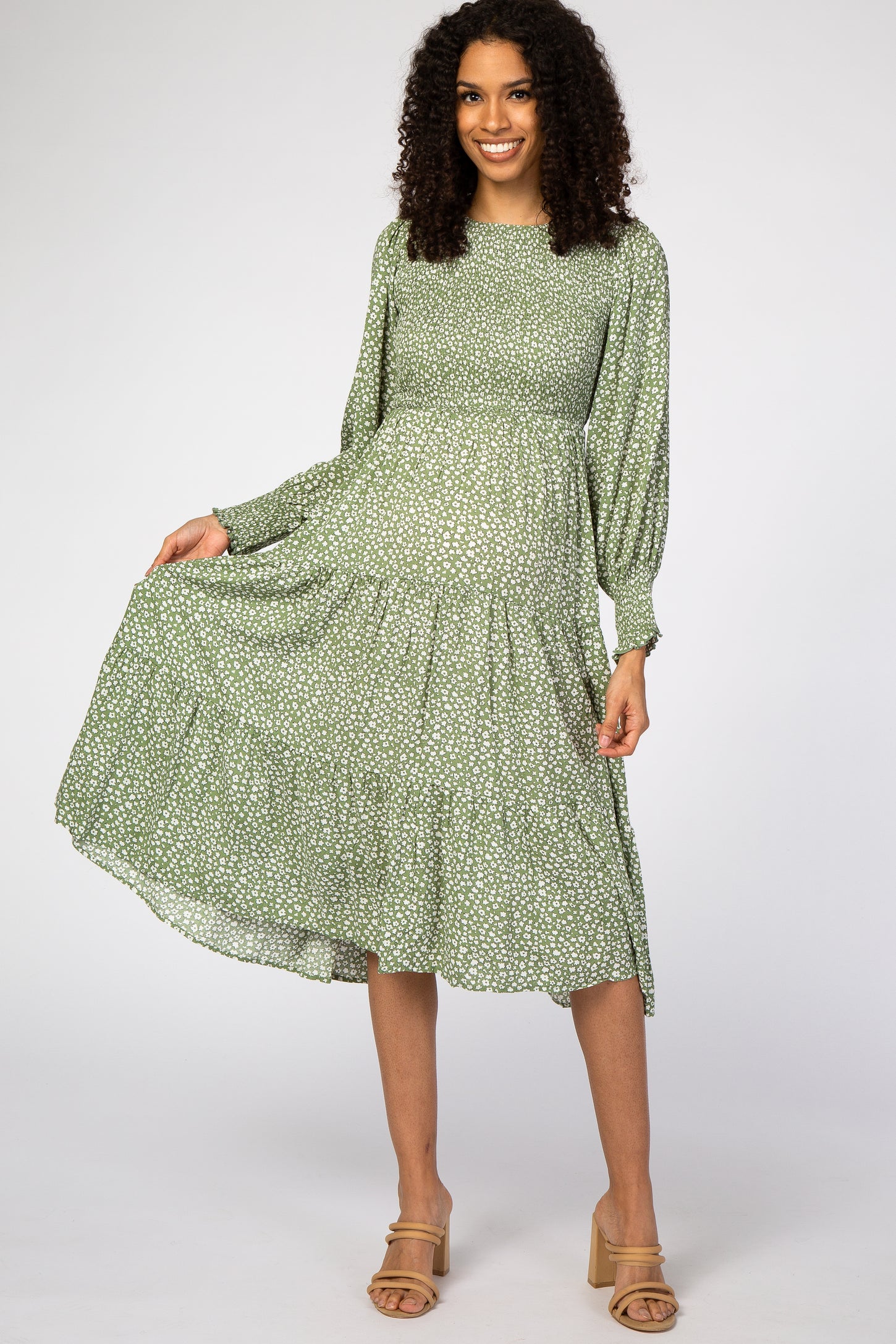 Light Olive Floral Smocked Front Tiered Maternity Midi Dress