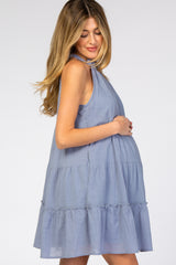 Light Blue Mock Neck Ruffle Tiered Linen Maternity Dress