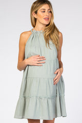 Mint Green Mock Neck Ruffle Tiered Linen Maternity Dress