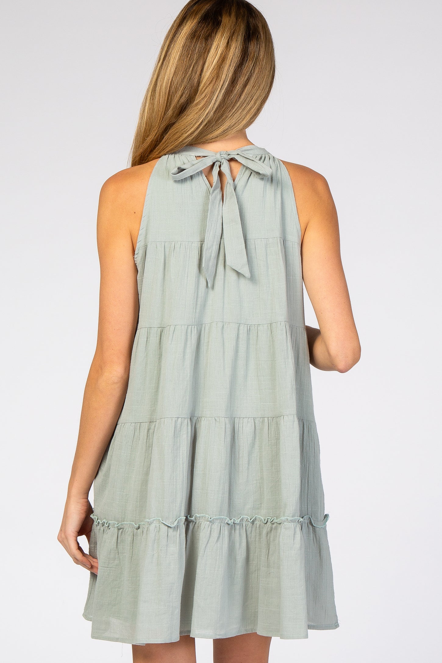 Mint Green Mock Neck Ruffle Tiered Linen Maternity Dress– PinkBlush