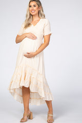 Cream Smocked Ruffle Hi-Lo Maternity Midi Dress