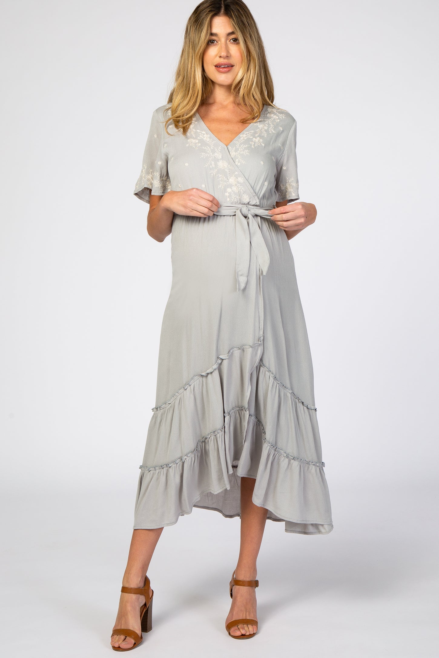Grey Embroidered Wrap Maternity/Nursing Midi Dress PinkBlush