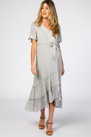Grey Embroidered Wrap Maternity/Nursing Midi Dress