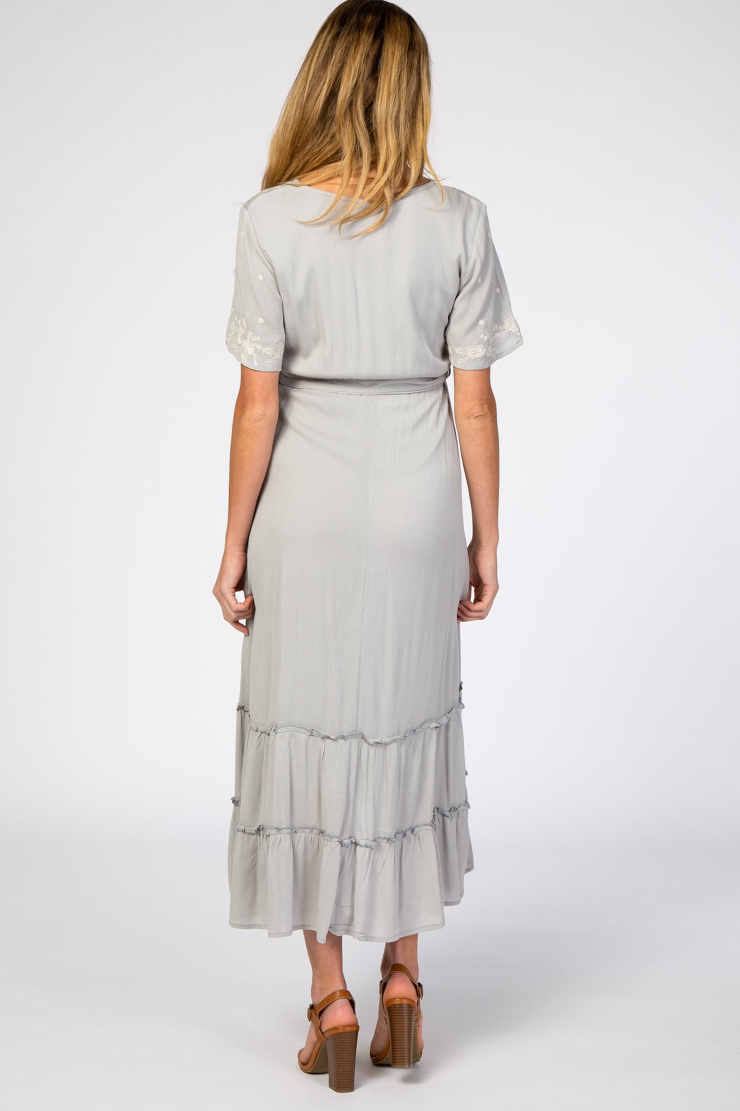 Grey Embroidered Wrap Maternity/Nursing Midi Dress PinkBlush