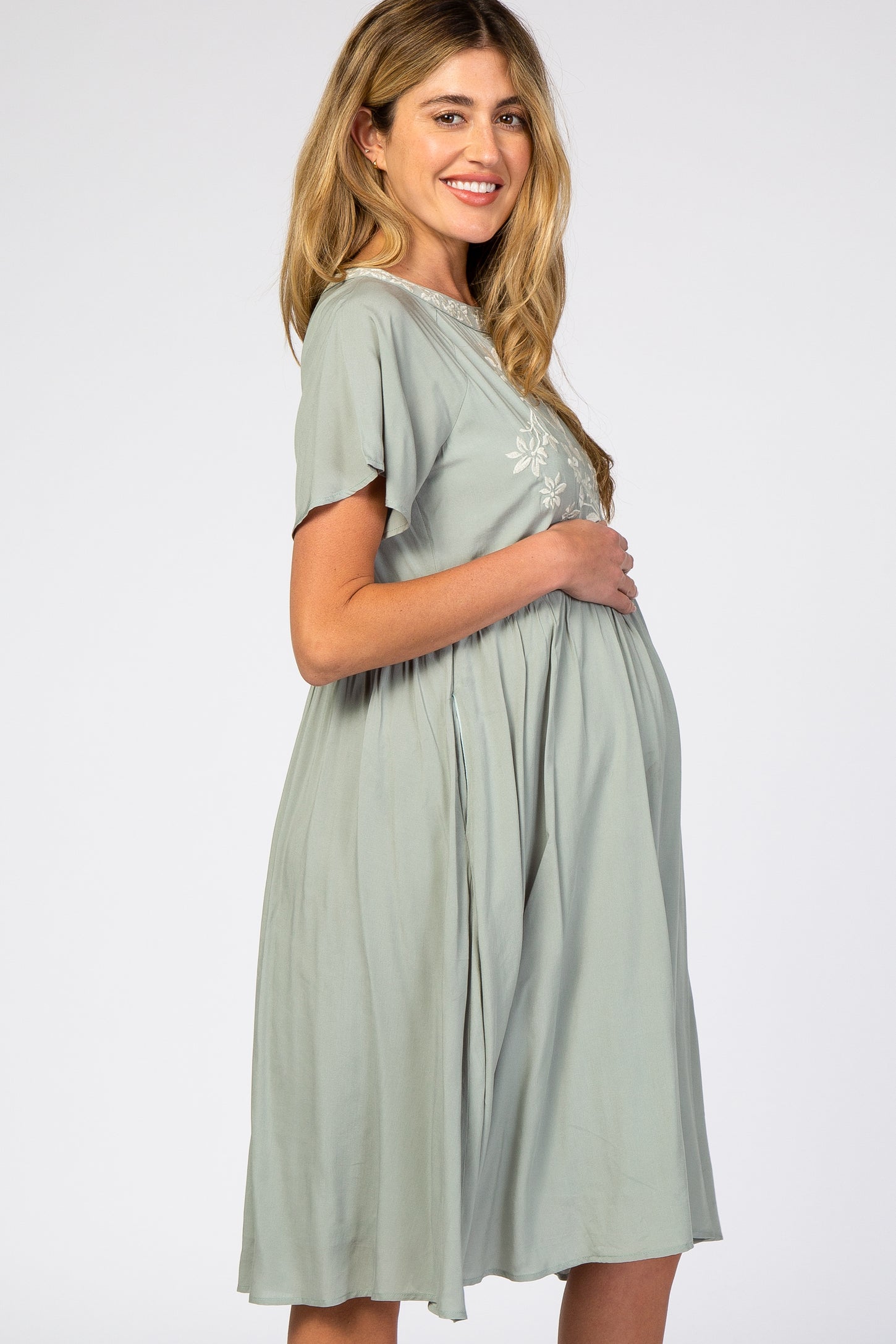 Light Olive Floral Embroidered Maternity Dress – PinkBlush