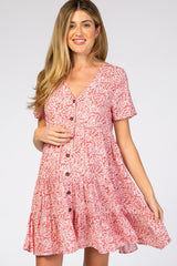 Red Floral Ruffle Tiered Button Front Maternity Dress