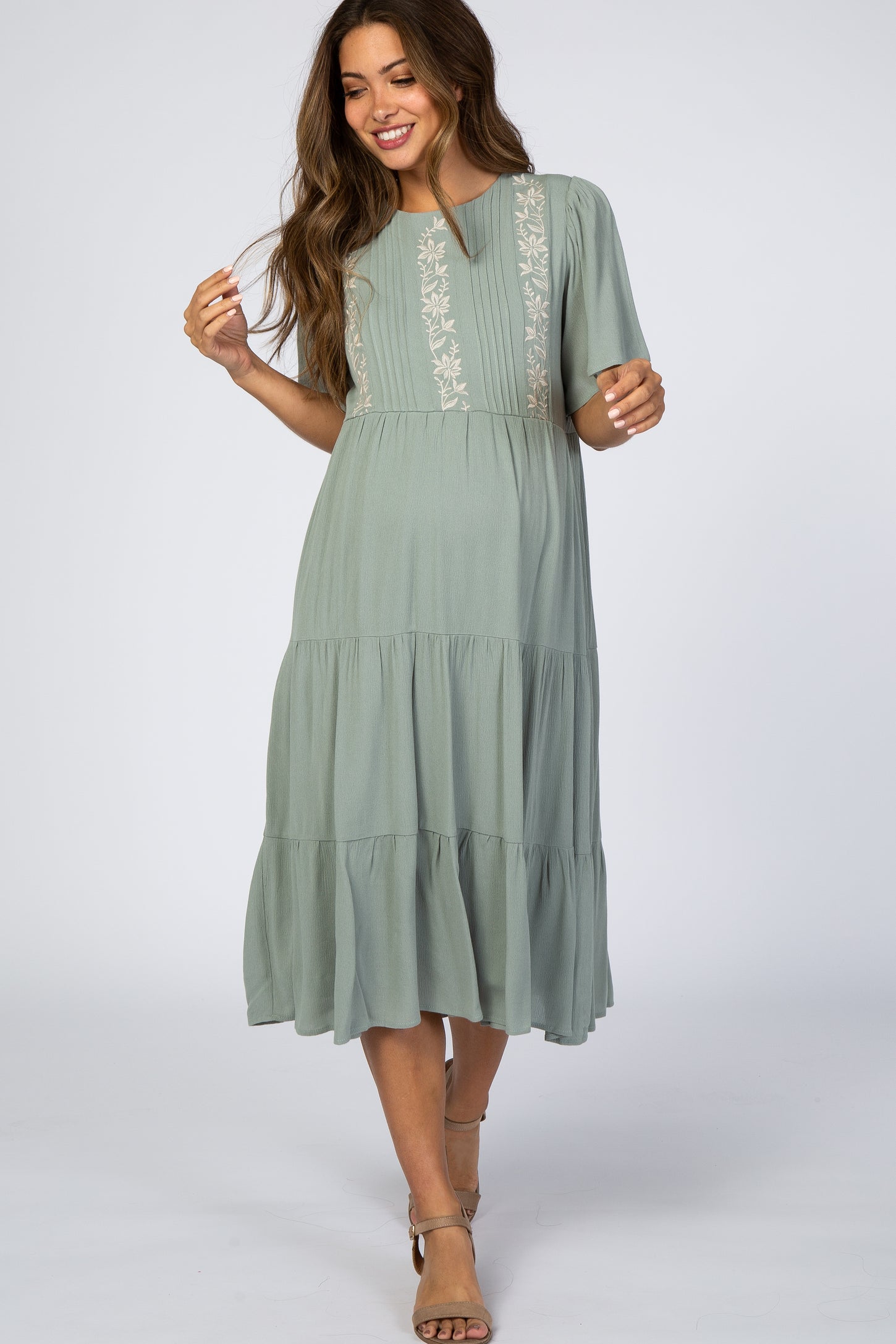 Light Olive Floral Embroidered Tiered Maternity Midi Dress