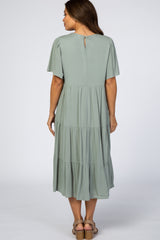 Light Olive Floral Embroidered Tiered Maternity Midi Dress