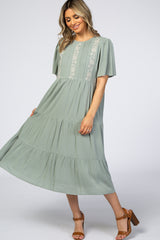 Light Olive Floral Embroidered Tiered Maternity Midi Dress