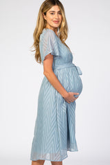 Light Blue Textured Chiffon Waist Tie Maternity Midi Dress