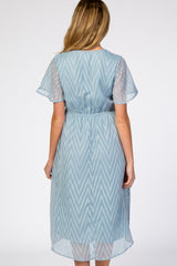 Light Blue Textured Chiffon Waist Tie Maternity Midi Dress