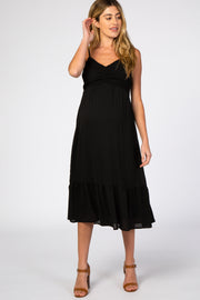 Black Smocked Chiffon Maternity Midi Dress
