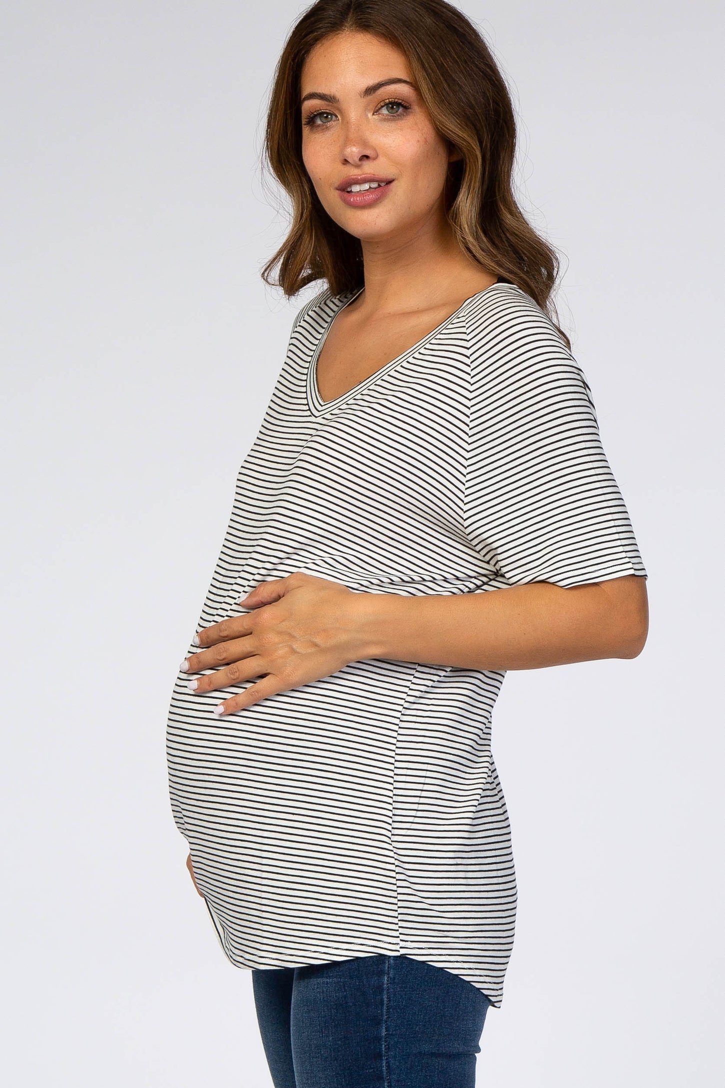 White Striped V-Neck Maternity Short Sleeve Top