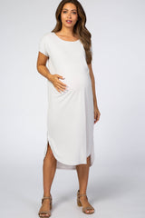 Light Grey Raw Hem Short Sleeve Maternity Midi Dress