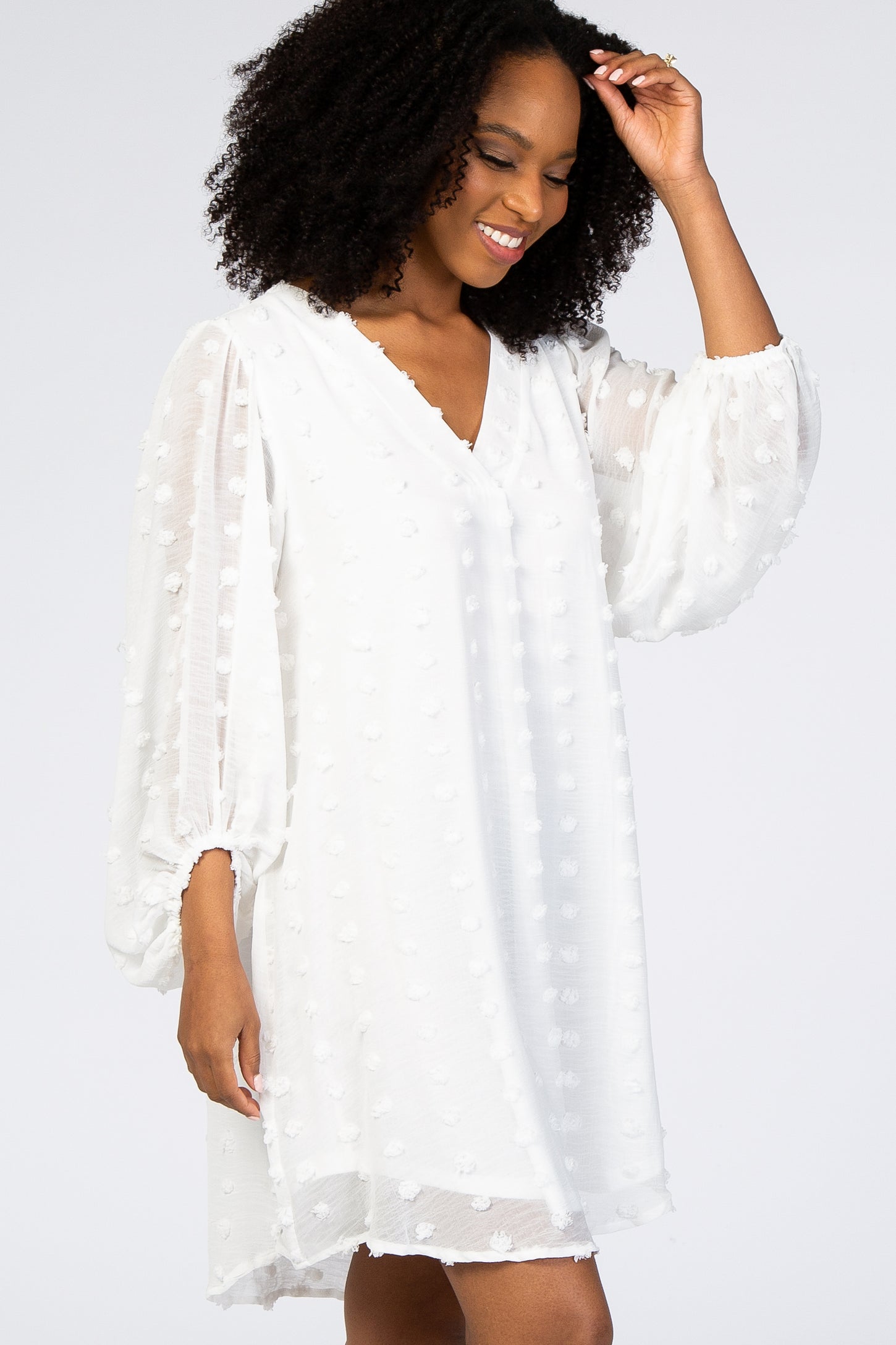 swiss dot long sleeve dress White Long Sleeve Square Neck Swiss Dots Midi Dress