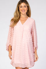 Light Pink Swiss Dot Bubble Sleeve Maternity Dress