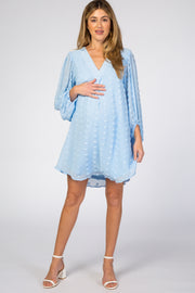 Light Blue Swiss Dot Bubble Sleeve Maternity Dress