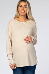 Beige Waffle Knit Long Button Sleeve Maternity Top