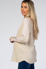 Beige Waffle Knit Long Button Sleeve Maternity Top