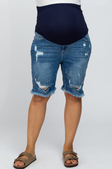 Medium Wash Distressed Denim Plus Maternity Shorts