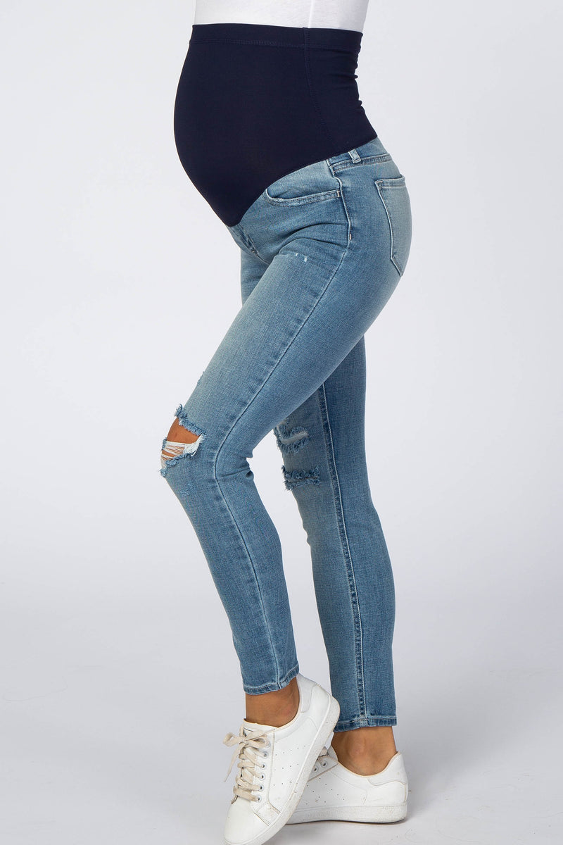 Light Blue Distressed Cropped Maternity Jeans– PinkBlush
