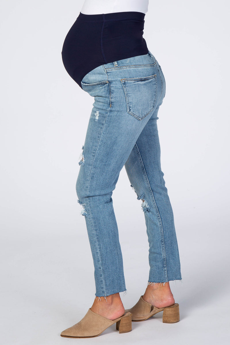 Medium Wash Distressed Cropped Maternity Jeans– PinkBlush