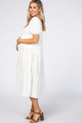 White Tie Front Puff Sleeve Maternity Midi Dress