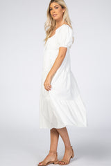 White Tie Front Puff Sleeve Midi Dress