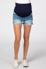 Blue Fringe Hem Maternity Denim Shorts