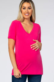 Fuchsia V-Neck Short Sleeve Maternity Top